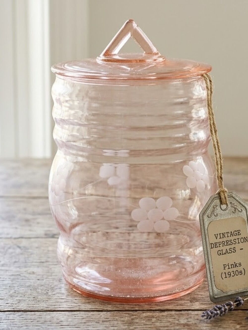 1930s Vtg Pink Depression Glass Cookie Jar | Dunbar Glass Etched Flower Design